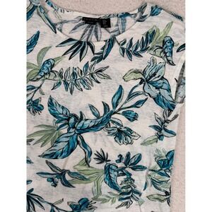 Tahari Women Medium White Blue Floral 100% Linen Knit Sleeveless Tulip Hem Top